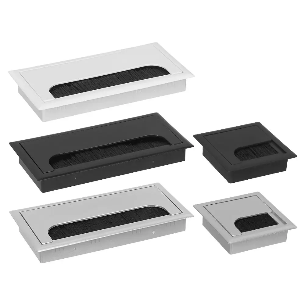 80x80/80x160mm Plastic Rectangle Wire Cable Holder Grommet Hole Cover Outlet Port with Black Brush Computer Desktop Wire Box