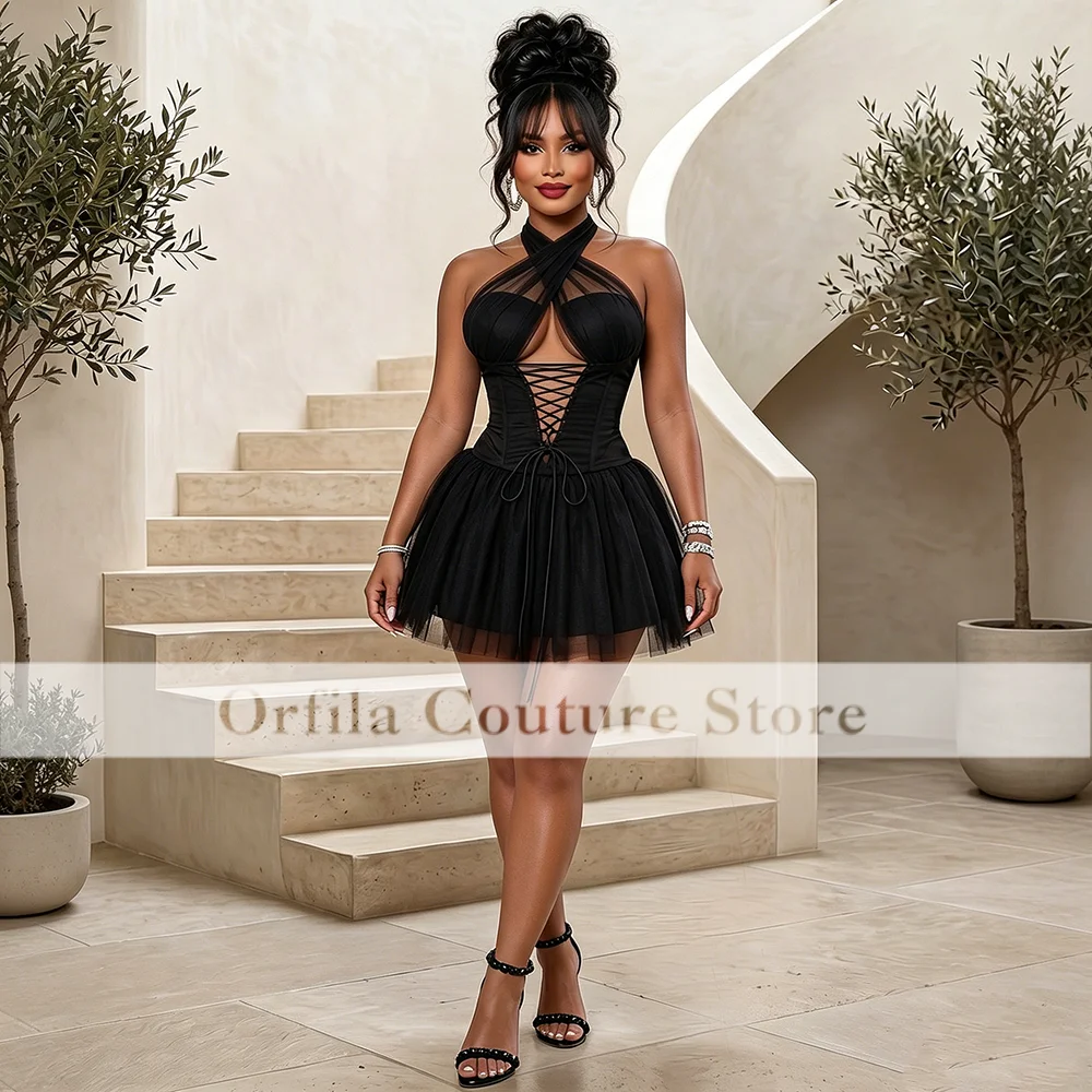 Black Sexy Cocktail Dress Ruffles African Short Party Gown A Line Vestdos De Fiesta Aso Ebi Customized