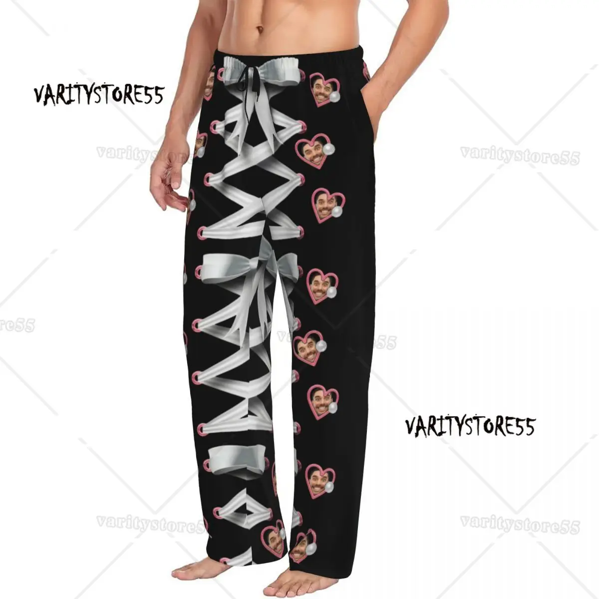 맞춤형 흰색 리본 러브 페이스 사진 파자마 바지 남성용 신축성 있는 허리밴드 수면복 포켓 포함