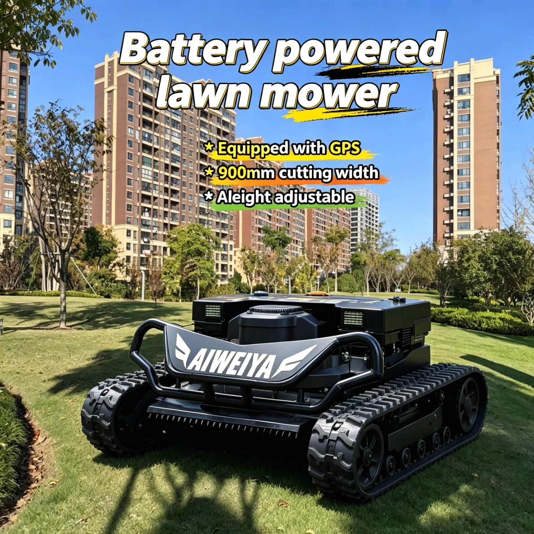 Customized remote control lawn mower reserves storage rack installation slot,tracked chassis keeps stable 900mm trimming effect