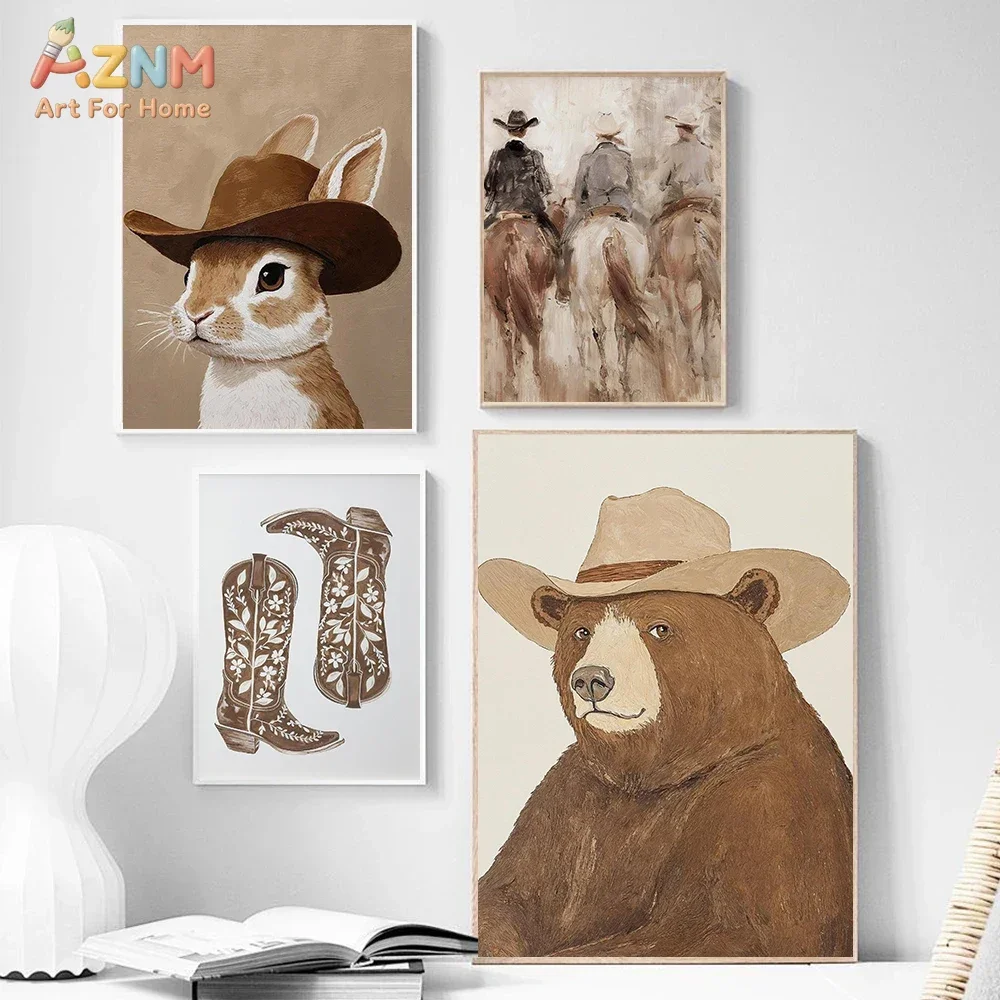 AZNM Vintage Western Cowboy Canvas Wall Art Bear Chicken Cowboy Hat Boots Horse Rider Neutral Farmhouse Unframed Canvas Decor Po