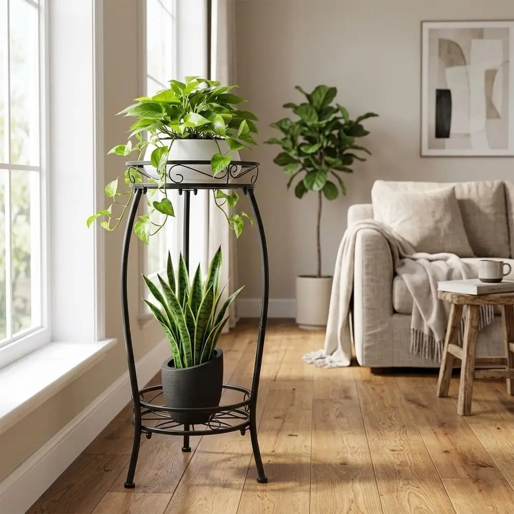 Outdoor/Indoor 27.1'' 2-Tier Metal Plant Stand, Heavy Duty Rustproof Potted Rack for Home, Patio, Balcony, Garden - Black