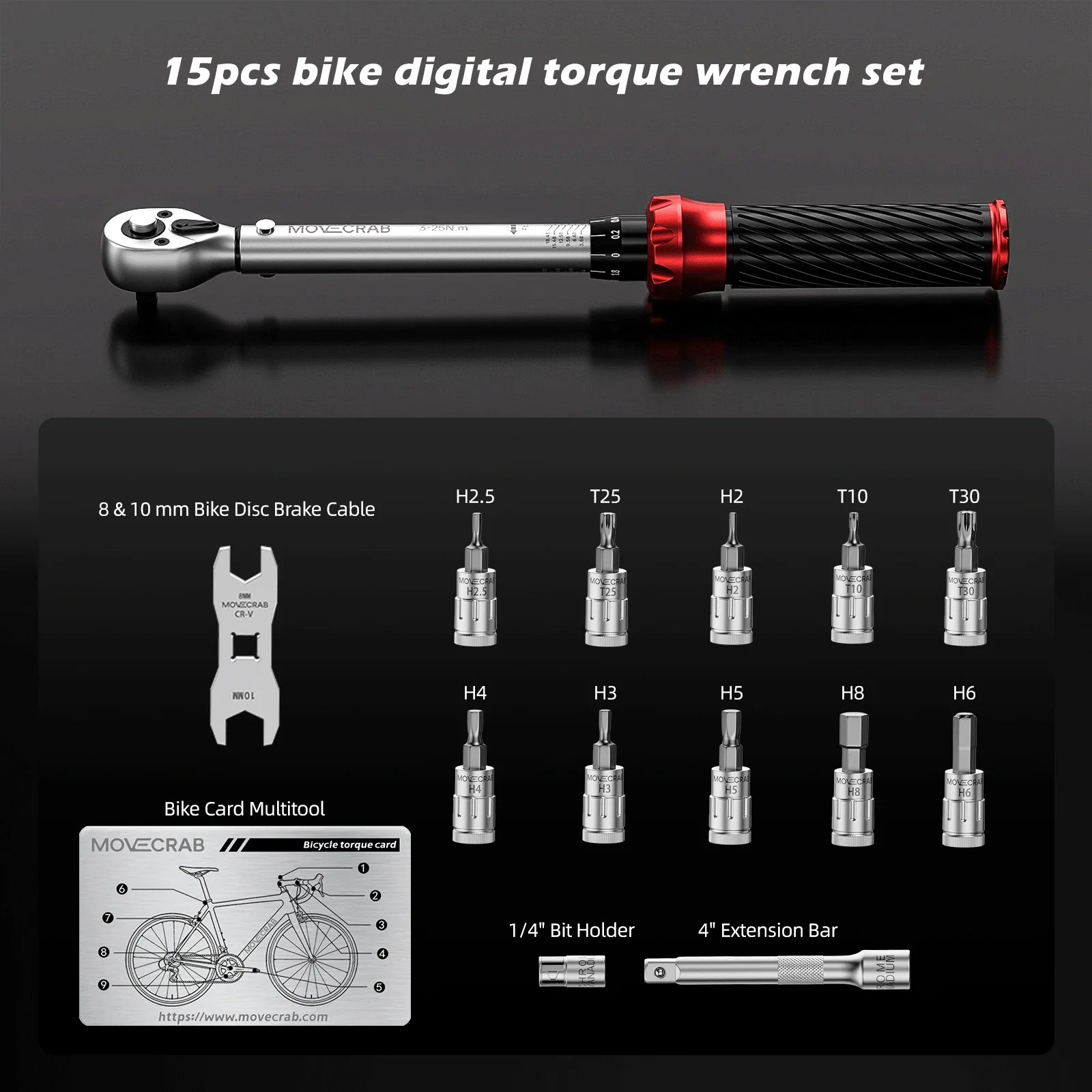 MoveCrab Professional 15Pcs 1/4 Inch Dual Direction Bicycle Torque Wrench Set 3-25N.m Mechanical Kit for Precision Bike Repair