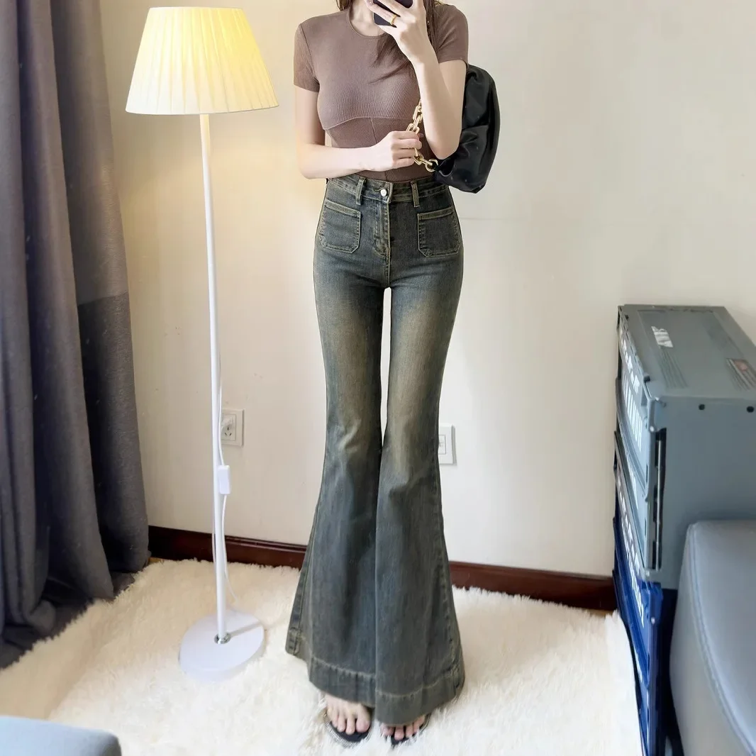 المرأة خمر عالية الخصر جرس أسفل الجينز النساء ربيع الخريف الرجعية غسلها سليم نحيل الدينيم السراويل الشارع الشهير بناطيل كاجوال