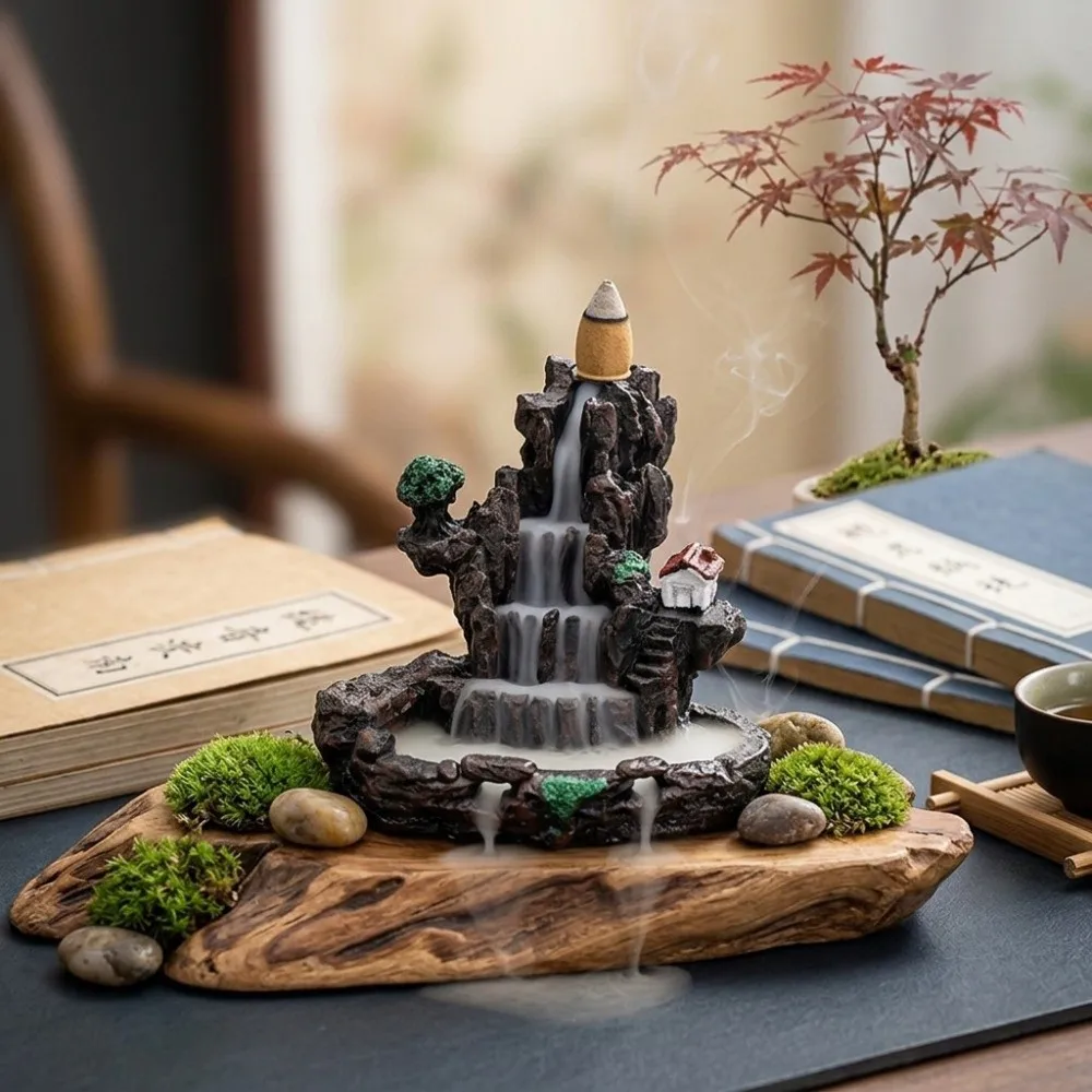 Resin Backflow Incense Burner River Waterfall Mountain Shape Waterfall Incense Burner Desk Ornaments Home Decor Incense Censer