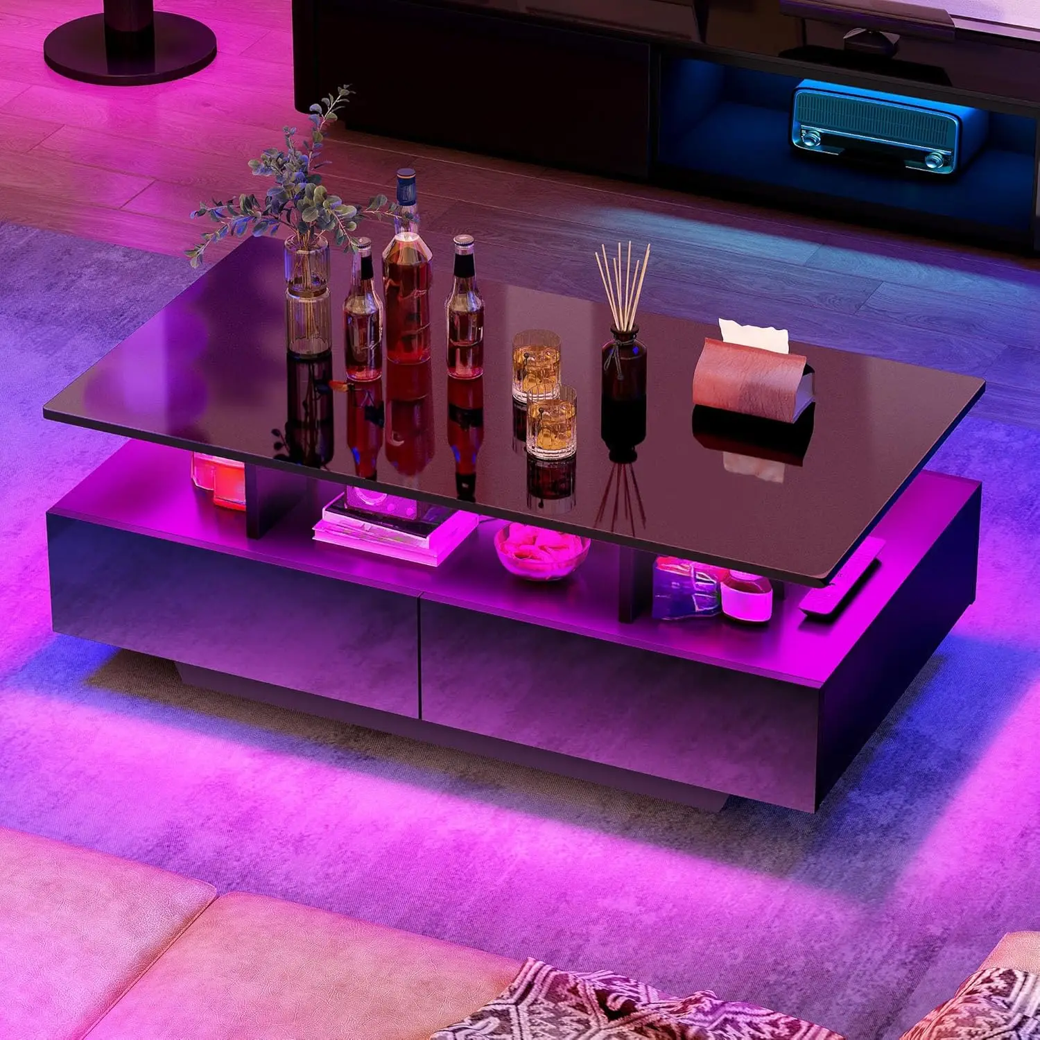 

Современный светодиодный журнальный столик с местом для хранения вещей, глянцевый черный прямоугольный дизайн, открытая полка и 4 выдвижными ящиками для гостиной