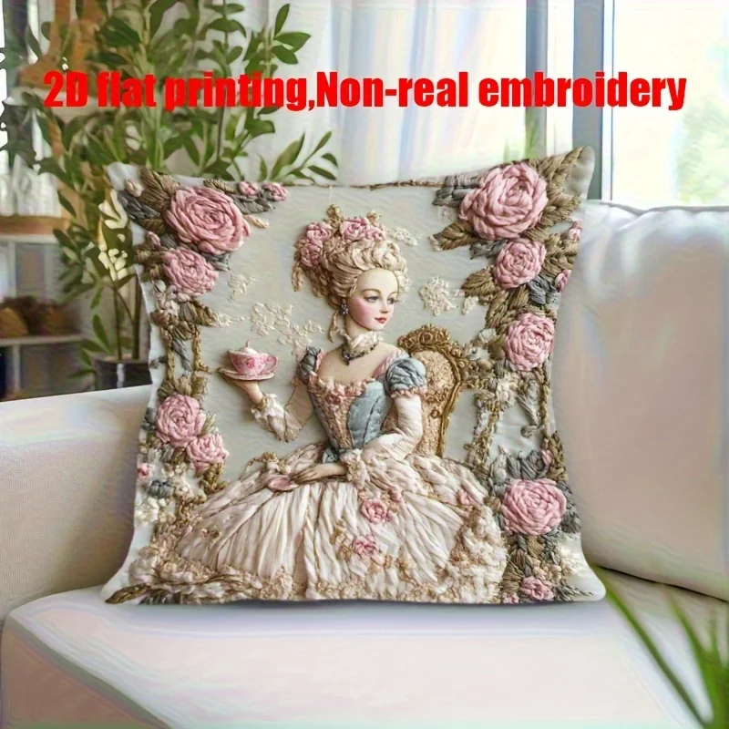 Elegant Pillow Cover with Vintage Lady Floral Design for Office Bedroom Living Room 2D Flat Printing (NO Insert One Side Print)