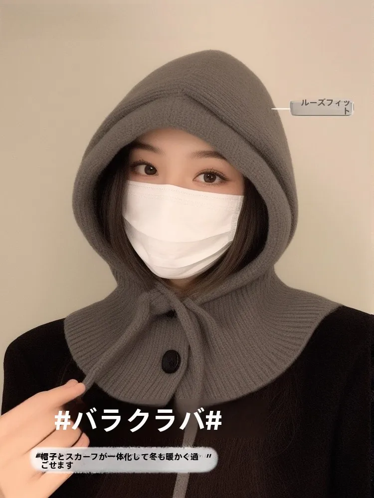 warm-knitted-hat-scarf-integrated-women's-ear-protection-hat-round-top-no-brim-winter-season-casual-style-street-shopping