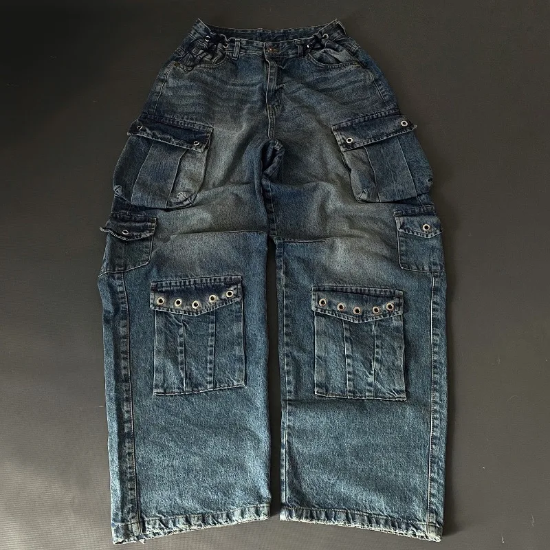 

Y2K New American Fashion Multi-pocket Blue Washed Wage Jeans Women Harajuku Hip Hop Popular Casual Joker Wide-leg Pants