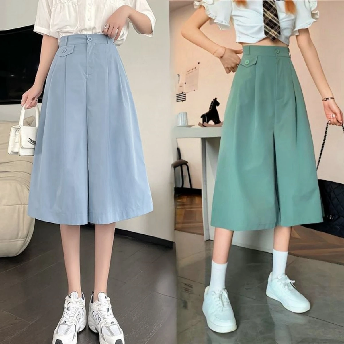 กางเกงกระโปรงกางเกงขาม้าทรงหลวมเอวสูงกางเกงสาวออฟฟิศเข้าได้กับทุกชุดเทรนด์ใหม่ฤดูร้อน