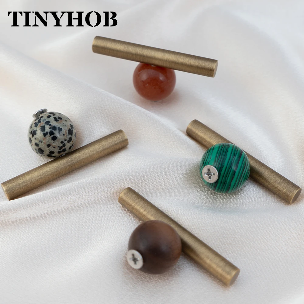 TINYHOOB Brass T Bar Cabinet Handles Natural Gemstone Ball Drawer Pulls Modern Furniture Knobs for Kitchen Wardrobe Decor