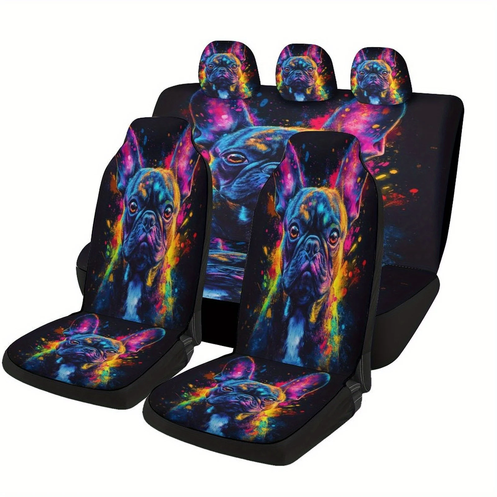 Colorful Bulldog Portrait Designed Car Seat Covers Set For Most Cars, Trendy Novelty Decorative Car Seat Protector Covers Full S