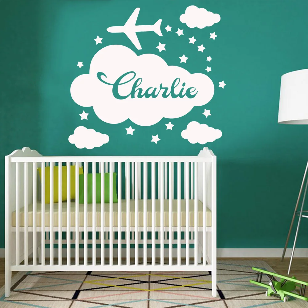 1 pc cool Airplane stars circle the clouds Customized Name Sticker Waterproof Vinyl Wallpaper Home For Kids Rooms Decoration