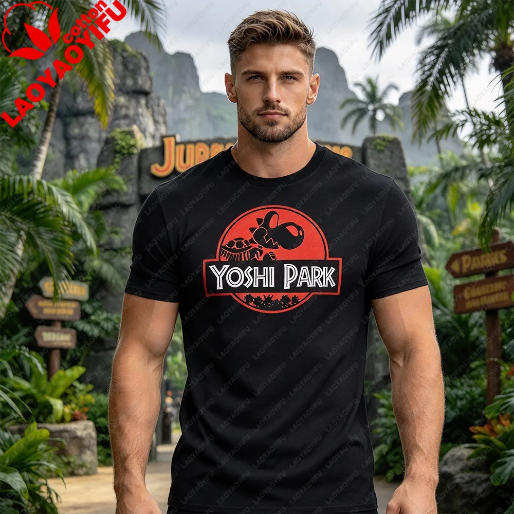 YOSHI PARK Printed Cotton T-shirt Game Topic Cartoon Dinosaur Pajamas Retro Pixel Style Elements The Trend of The Young Group