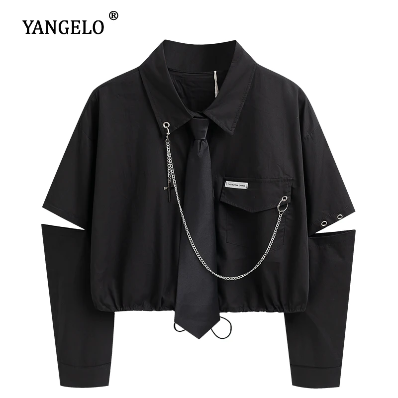 Yangelo Punk Style Women Shirt Gothic Harajuku Dark Tie And Chain Long Sleeve Split Goth Design Streetwear Blouse Girl Crop Top