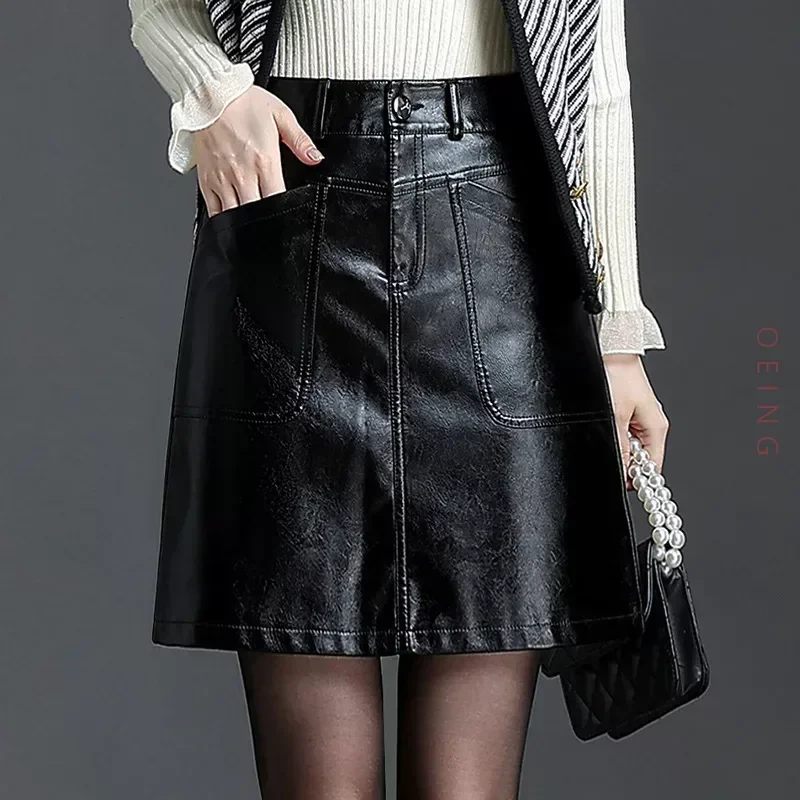 Women Fashion High Waist PU Leather Bodycon Mini Skirt Autumn Winter Office Lady Elegant Chic Slim A-line Short Skirts 4XL 6852