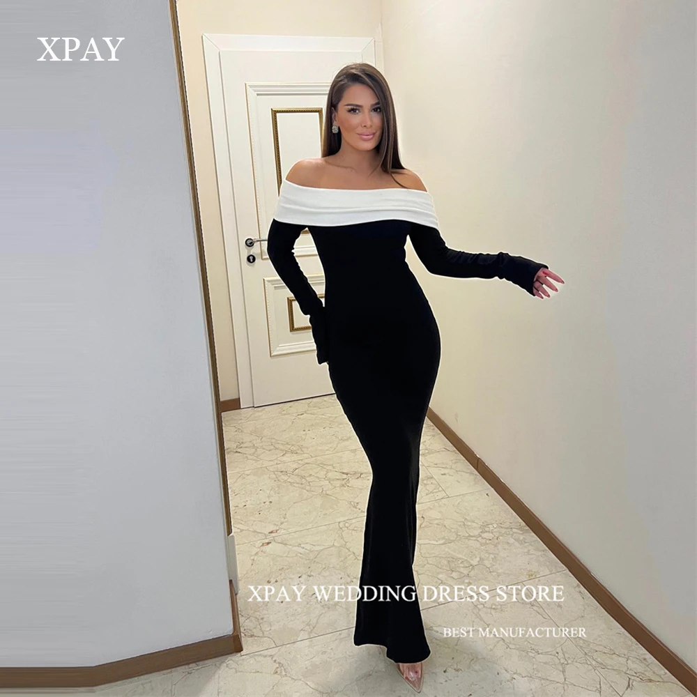 

XPAY Simple Black And White Mermaid Evening Dresses Off the Shoulder Long Sleeves Ankle Length Party Prom Night Event Dress