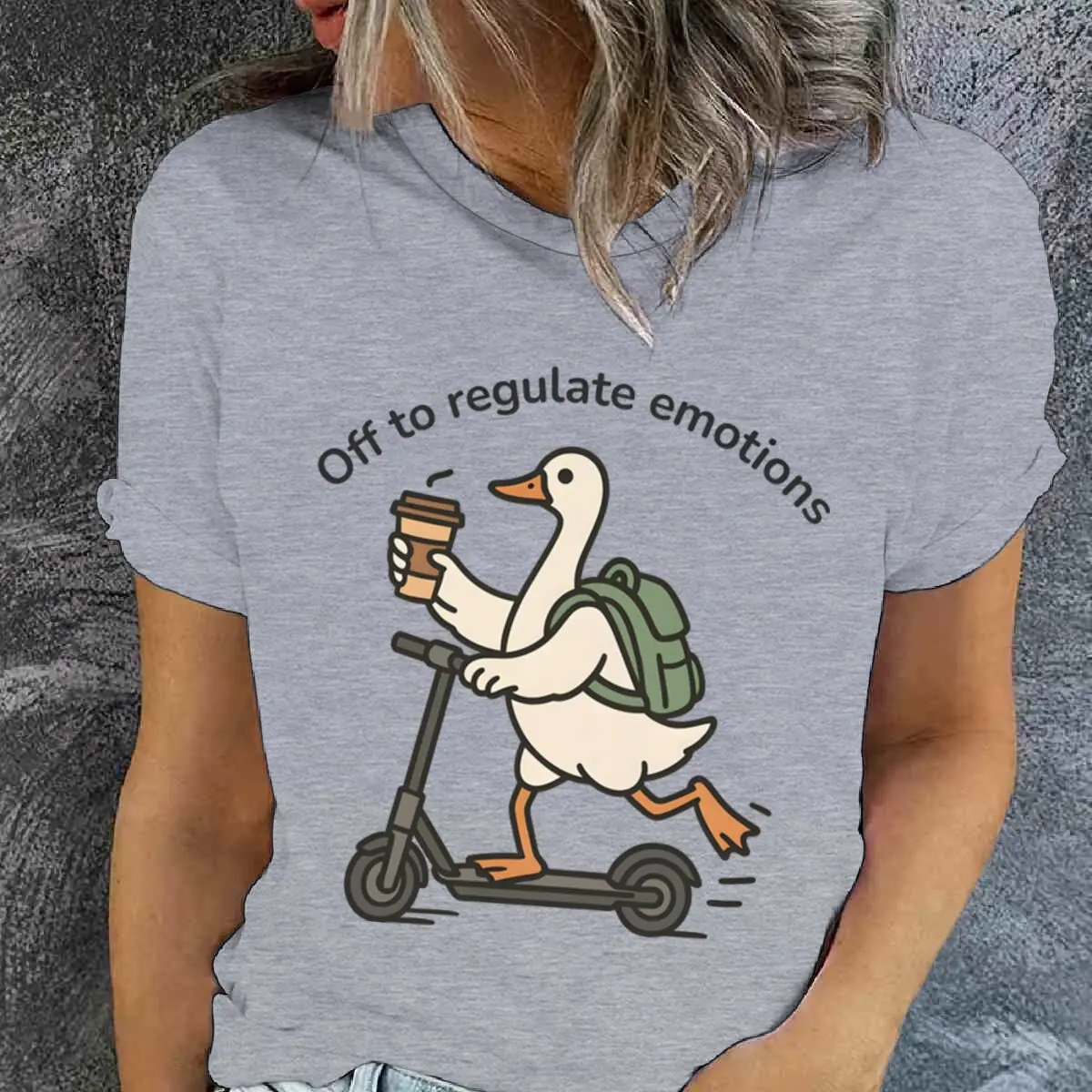 Funny Mental Health T Shirt Off To Regulate Emotions Cute Duck Coffee Scooter Graphic Women Casual Tee Short-sleeve Crewneck Tee