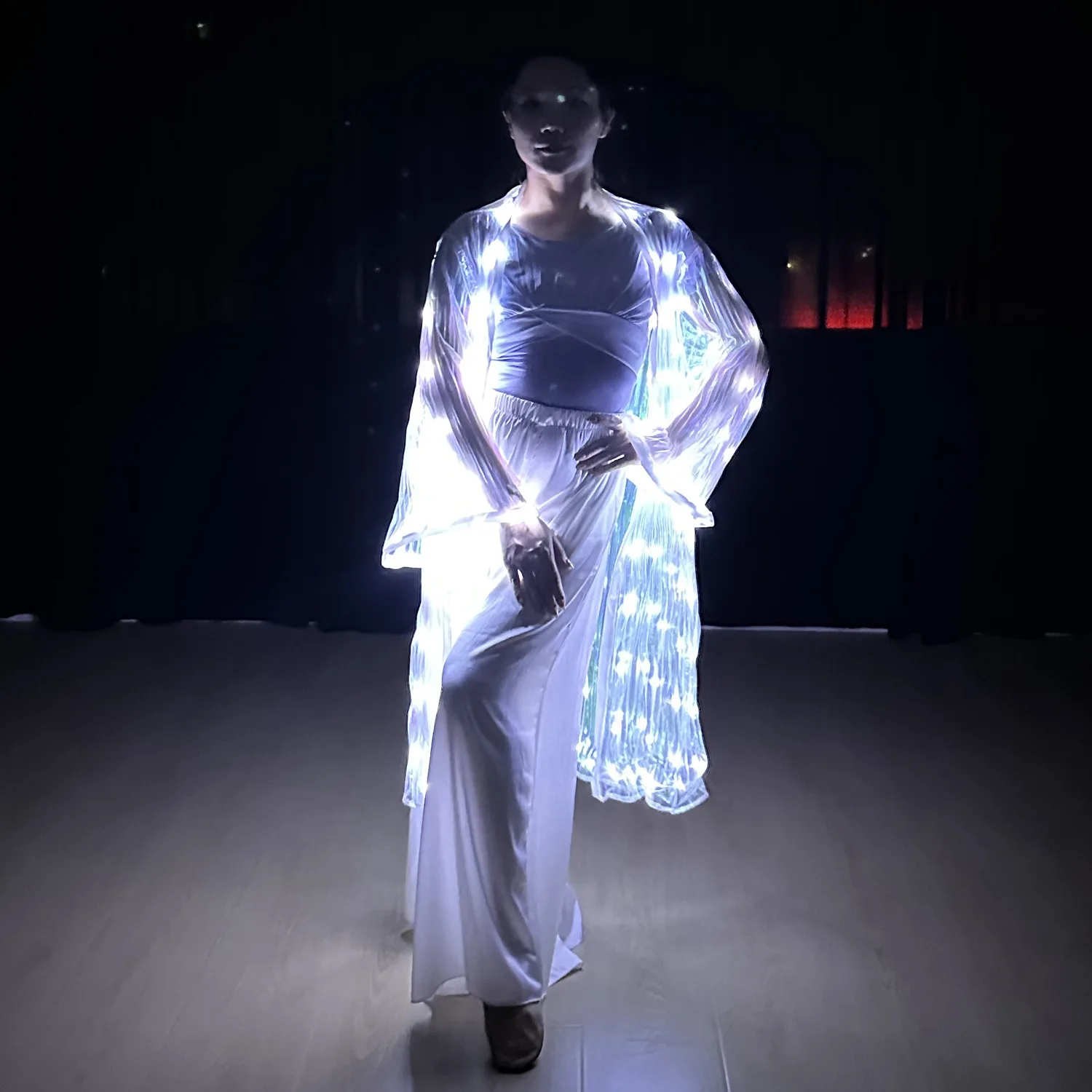 White LED Glow Costume Belly Dance Butterfly Wing Fans - Glowing Light up Clothes for Performance Carnival Party Dancing view 3