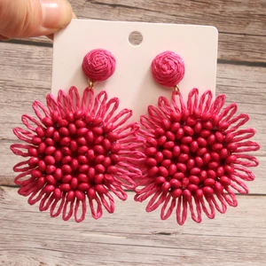 Bohemian Raffia Sun Flower Brincos para Mulheres, Rattan Knit Hanging Earring, Meninas Summer Jewelry, Beach Holiday Party, Moda 10 principais vendas rafia flores - №7
