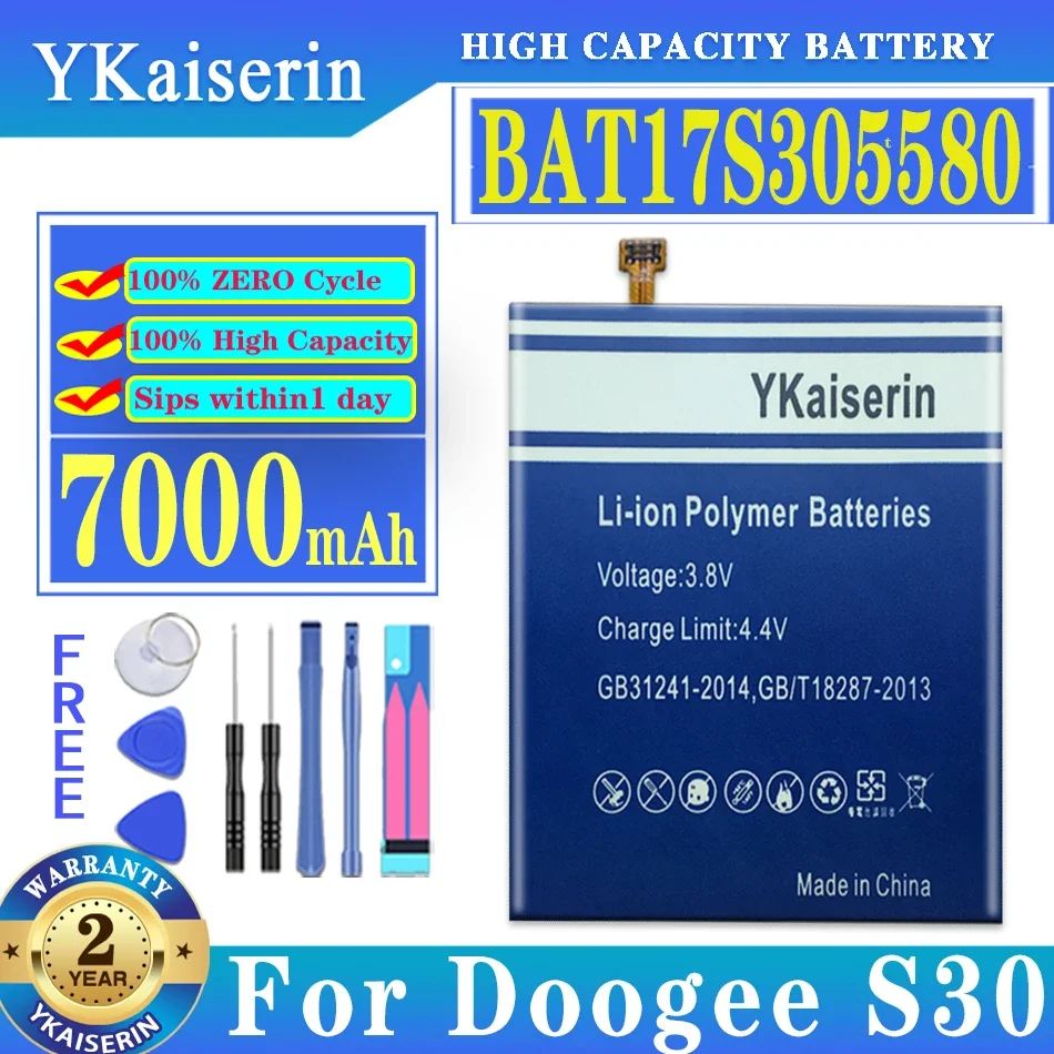 

Новый полимерный литий-ионный аккумулятор ykaisсеребрин Для Doogee S30, 7000 мАч, батареи для телефона Doogee S30, BAT17S305580