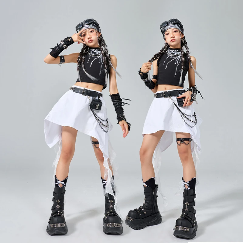 Ropa de baile de porristas para niñas, trajes de baile de Jazz a la moda para niños, Tops negros, falda blanca, ropa de calle sin mangas, traje de verano BL16736