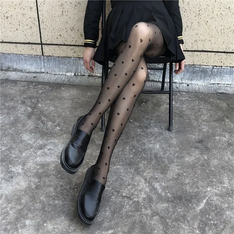 Sexy Black Stockings Women Heart Polka Dot Lolita Pantyhose Tight High Socks Female Good Elastic Stockings Erotic Lingerie