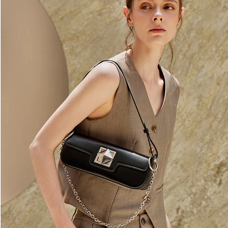 Genuine leather solid color metal decoration fashionable chain bag 2026 new trend single shoulder women's bag