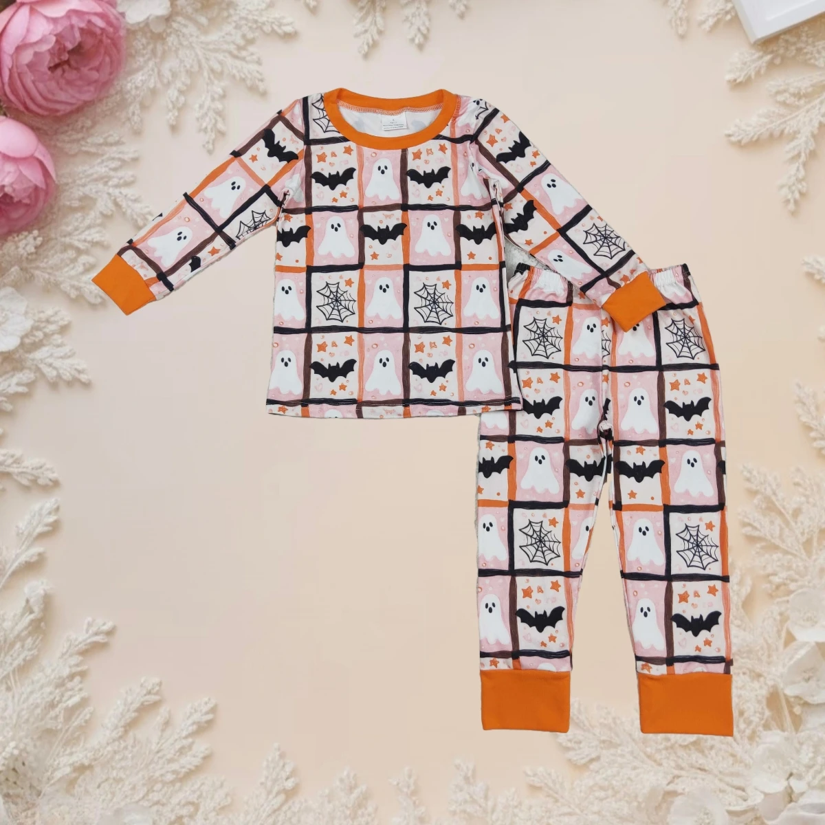 

Hot Sale 2Pcs Cute Baby Girls Halloween Costume Pajamas Set Ghosts Bats Plaid Long Sleeve Top Pants Outfit Toddler Kids Homewear