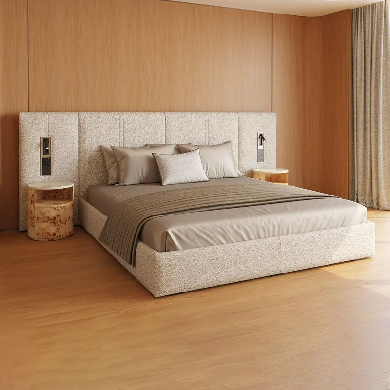 Large flat-layer light luxury minimalist 1.8 widescreen fabric bed villa master bedroom imported cotton and linen double
