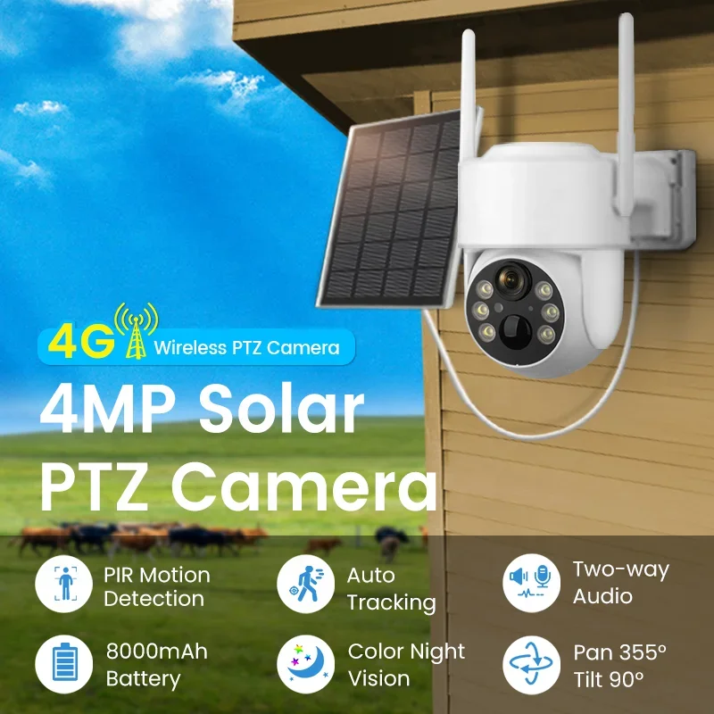 2026 Full HD 4MP PIR Motion Detection 4G Sim Card Solar Powered Ptz Outdoor Colorful Night Vision 8000mAh Battery 4g Solar Ptz C