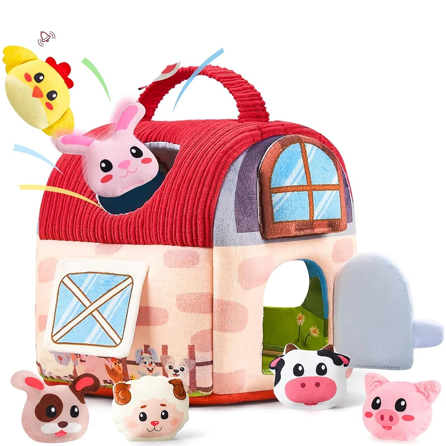 Giocattoli per bambini 6-12 mesi, giocattoli da fienile con animali da fattoria ripieni per i più piccoli 1-3 Alveare di peluche per bambini con sonagli Specchio battente