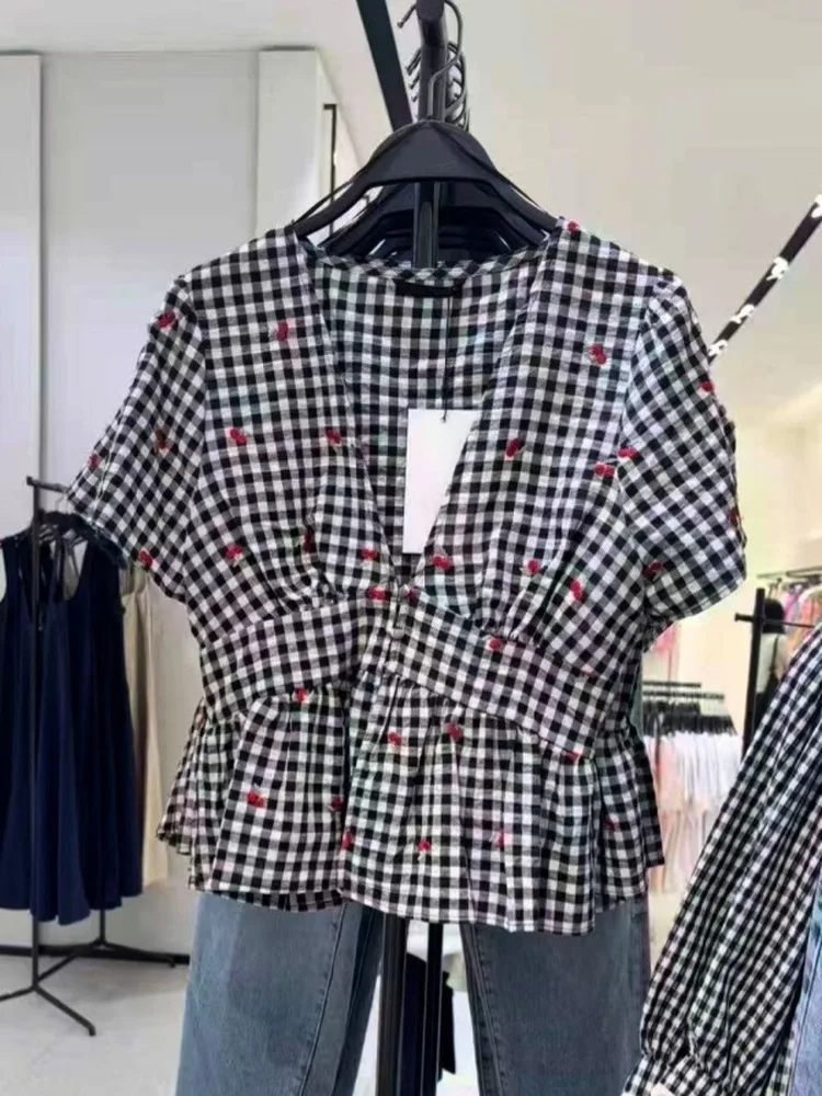 

Summer 2026 Women's Short Sleeve Shirt Waist Cinched V Neck Embroidered Small Plaid Top French Style Slim Fit Pure Cotton Bre...
