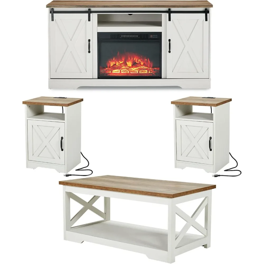 

5-piece farmhouse dining table set including fireplace TV stand, coffee table, and two charging stations and USB ports