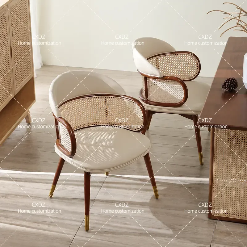 Nordic Solid Wood Dining Chair Retro Light Luxury Leather Soft Bag Single Backrest Armchair Home Hotel Rattan Chair