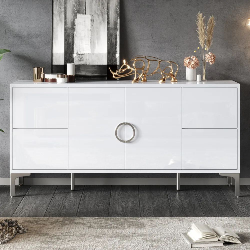 Aparador Moderno Blanco de 150 cm con Acabado Brillante, 4 Cajones y 2 Puertas, Mueble de Almacenamiento sin Tiradores con Patas Metálicas para Sala de Estar