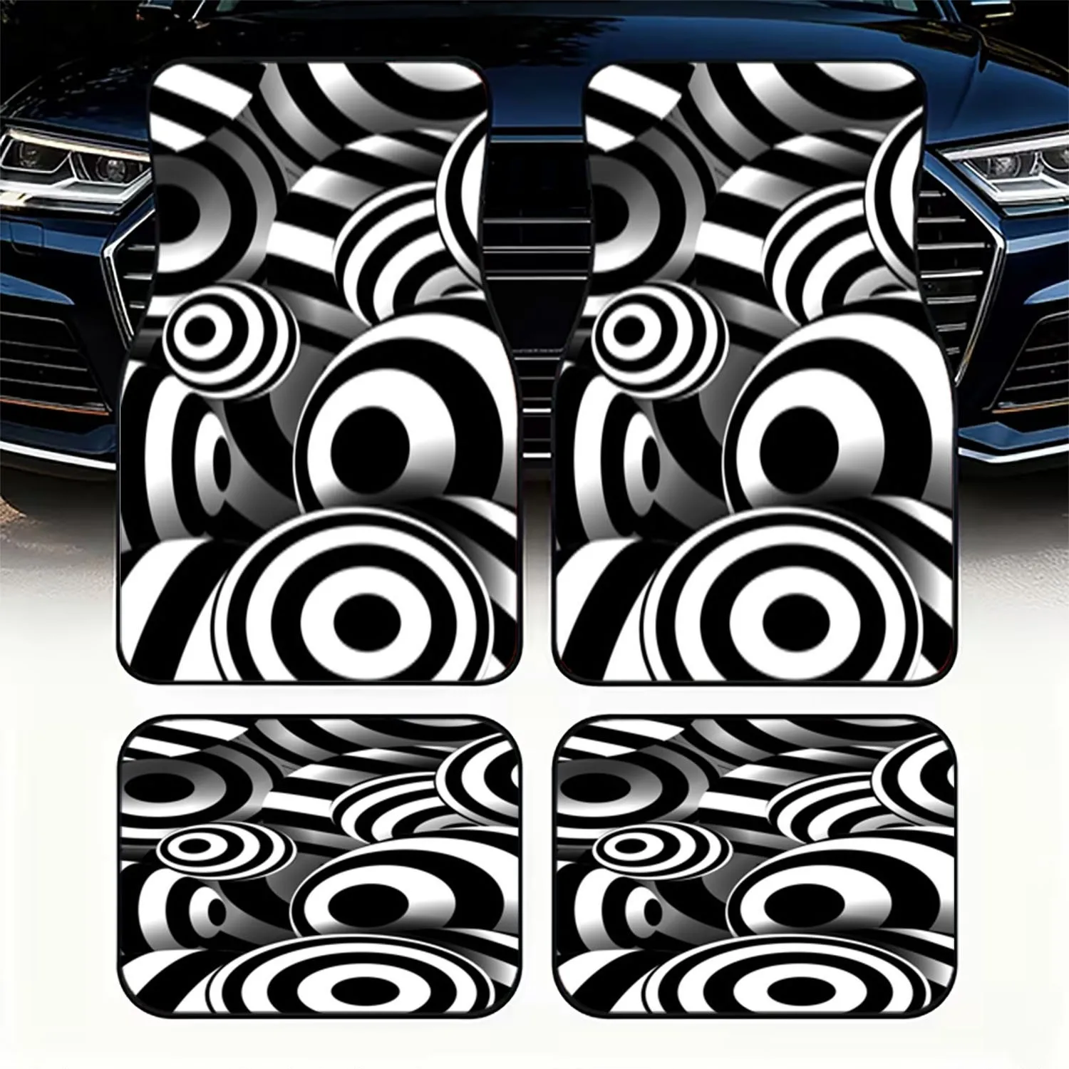 4pcs Car Floor Mats | Polyester Material, 3D Black-White Striped Circular Design, Stylish & Durable, Fit Most Cars, Easy To Clea