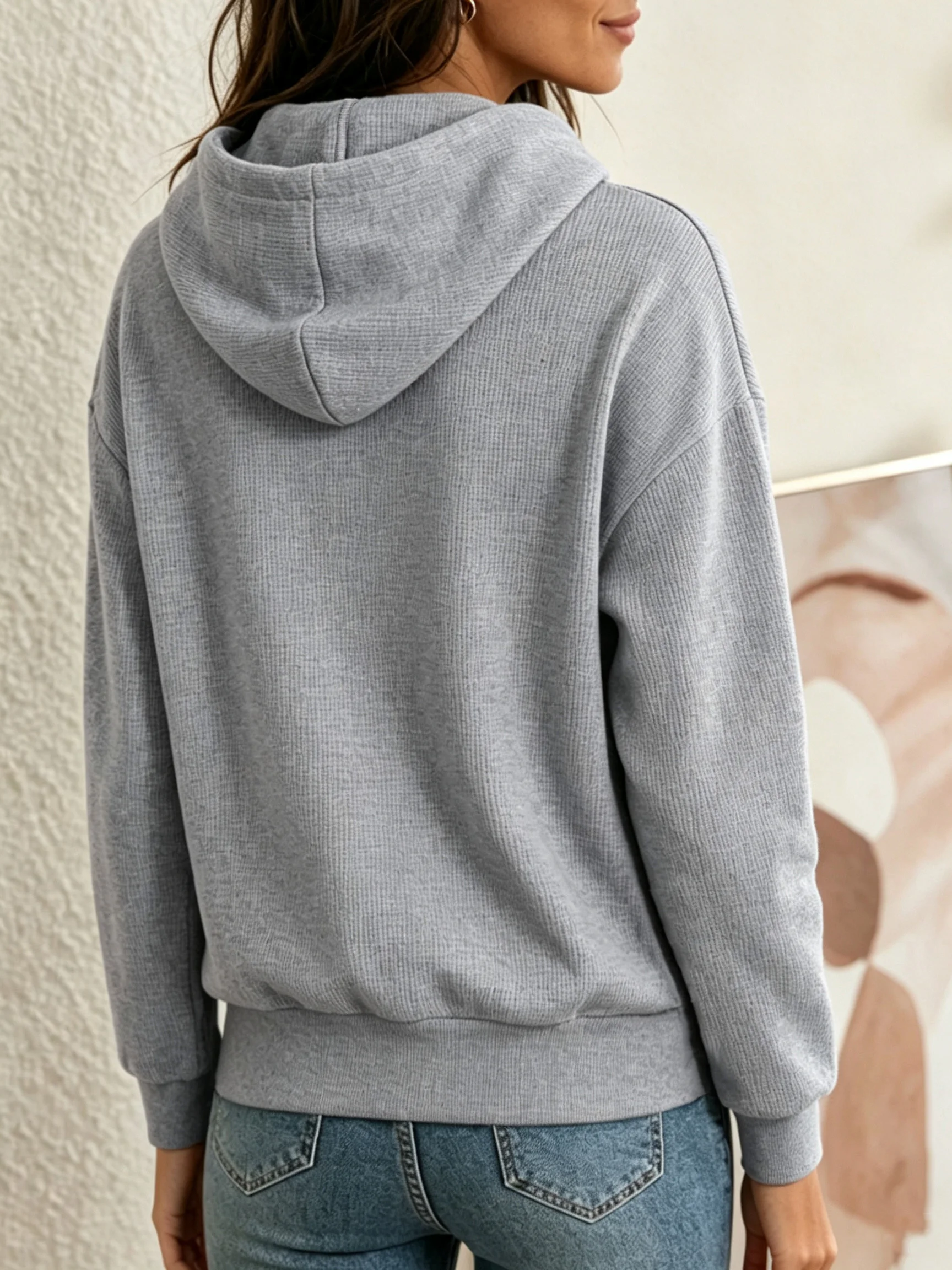Spring and Autumn Style Women's Hooded Color-Blocked Casual Commuting Top with Diagonal Color-Blocking Waffle Texture for Daily Wear