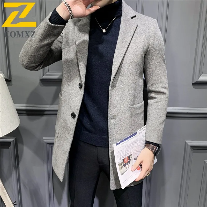 COMXZ  New Mens Trench Coat Lightw Luxurious Mid-Length Wool Blend Overcoat Korean Style Trendy Tweed Autumn Winter Outerwear