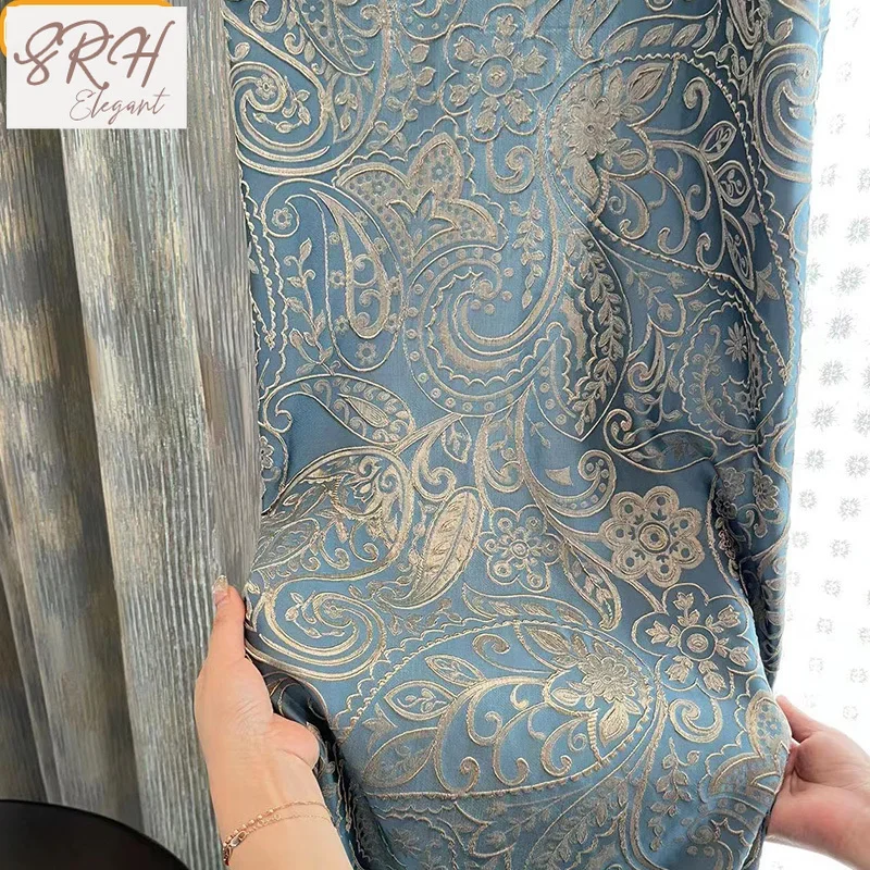 Gold Embossed Blue Jacquard Splicing Thickened Blackout Curtains For Bedroom Living Room French Window Balcony Window Customized