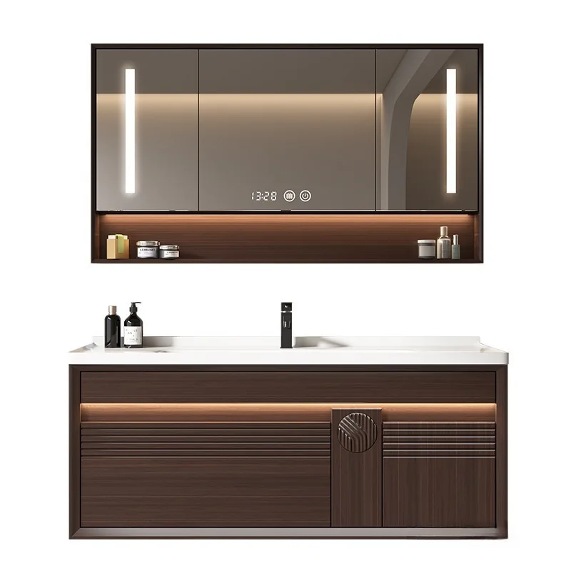 Chinese walnut color ebony paint bathroom cabinet ceramic integrated basin solid wood bathroom hand wash washbasin cabinet