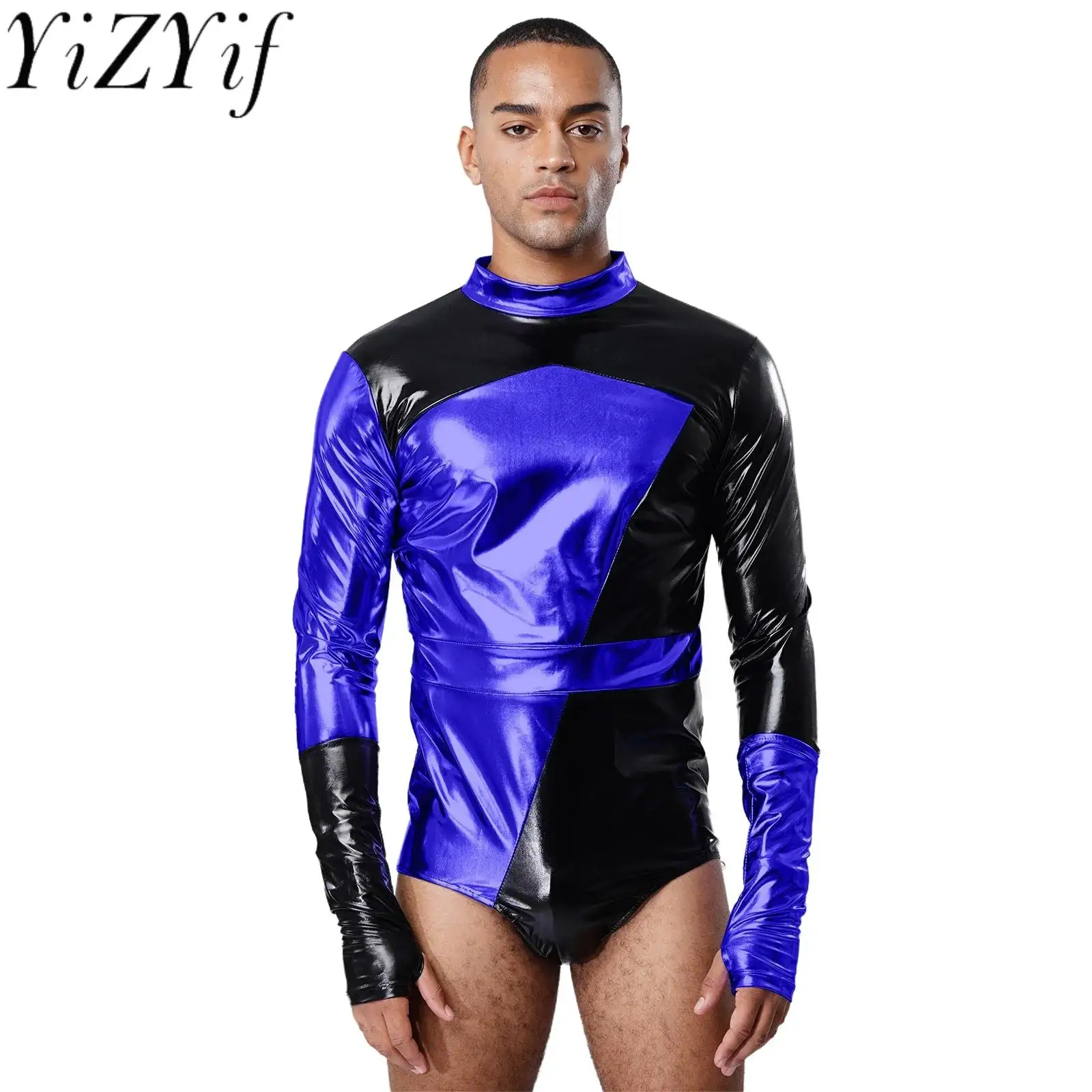 

Men's Fashion Shiny Metallic Bodysuit with Arm Sleeves for Racing Driver Speeding Outfits Party Club Halloween Alien Bodysuits