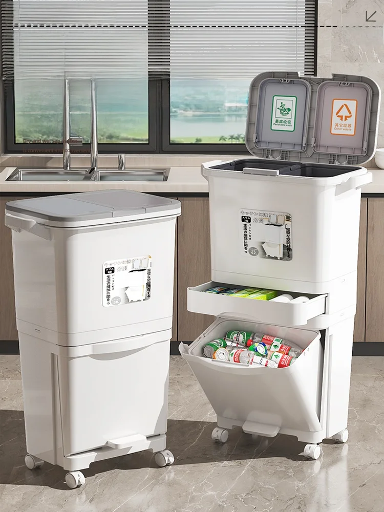 

Large Capaci Kitchen Tra Can with Lid And Foot Pedal Japanese Sle Home Use Mobile Food Waste Dry Wet Separation Classif...