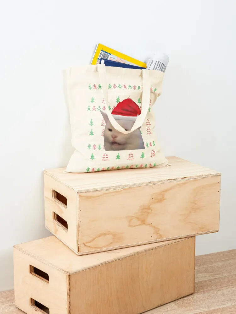 امرأة تصرخ في القط سترة عيد الميلاد القبيحة مضحك الميمات حمل حقيبة حمل أكياس شاشة التسوق حقيبة قماش قنب قابلة للطي #4