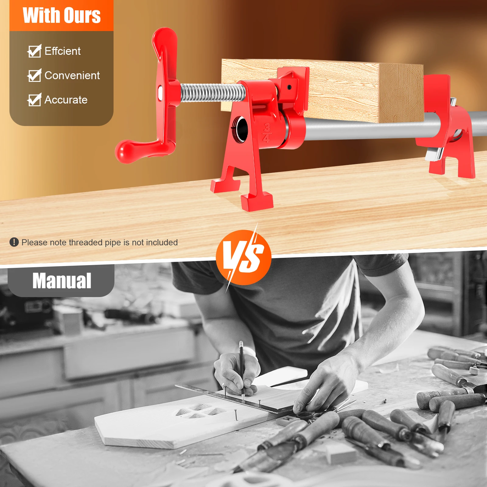 

4 Pack 3/4" Wood Gluing Pipe Clamp Set Heavy Duty PRO Cast Iron Quick Release Bar Clamps with Wide Base for Woodworking