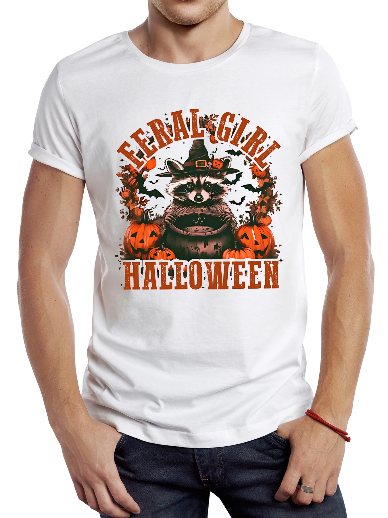 

FPACE Novelty Feral Girl Halloween Men T-Shirt Funny Raccoon Printed T shirt Spooky Season Witch Trash Pumpkin Tops Hipster Tee