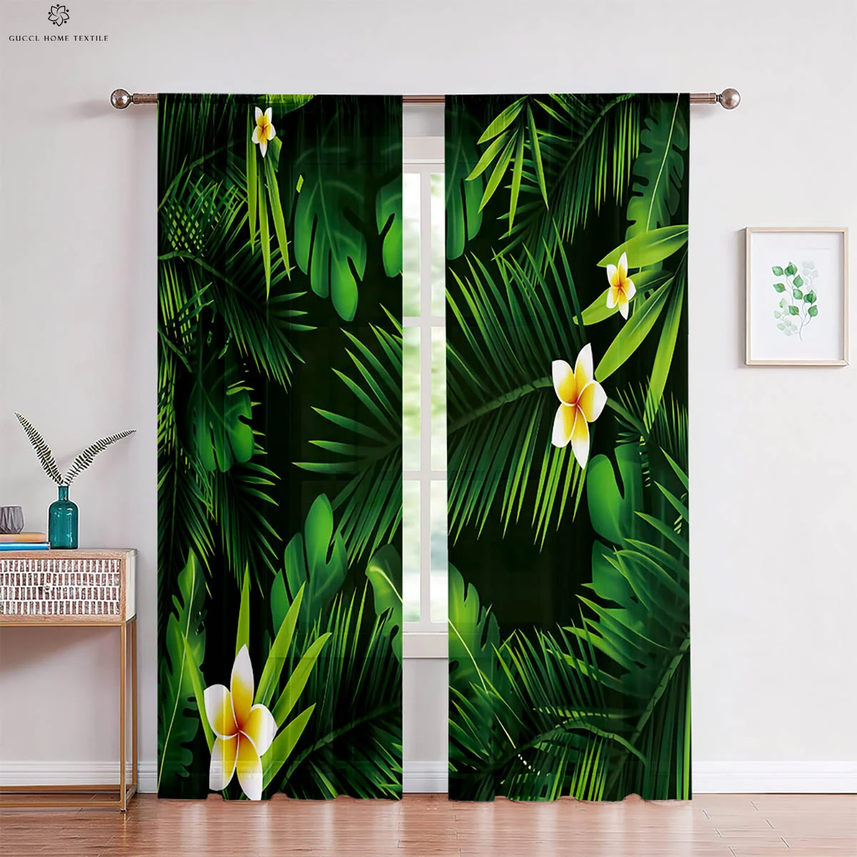 

2 Pieces Tropical Vegetation Green Leaves Print Quilt Cover Rod Pocket Living Room Kitchen Bedroom Window Curtains