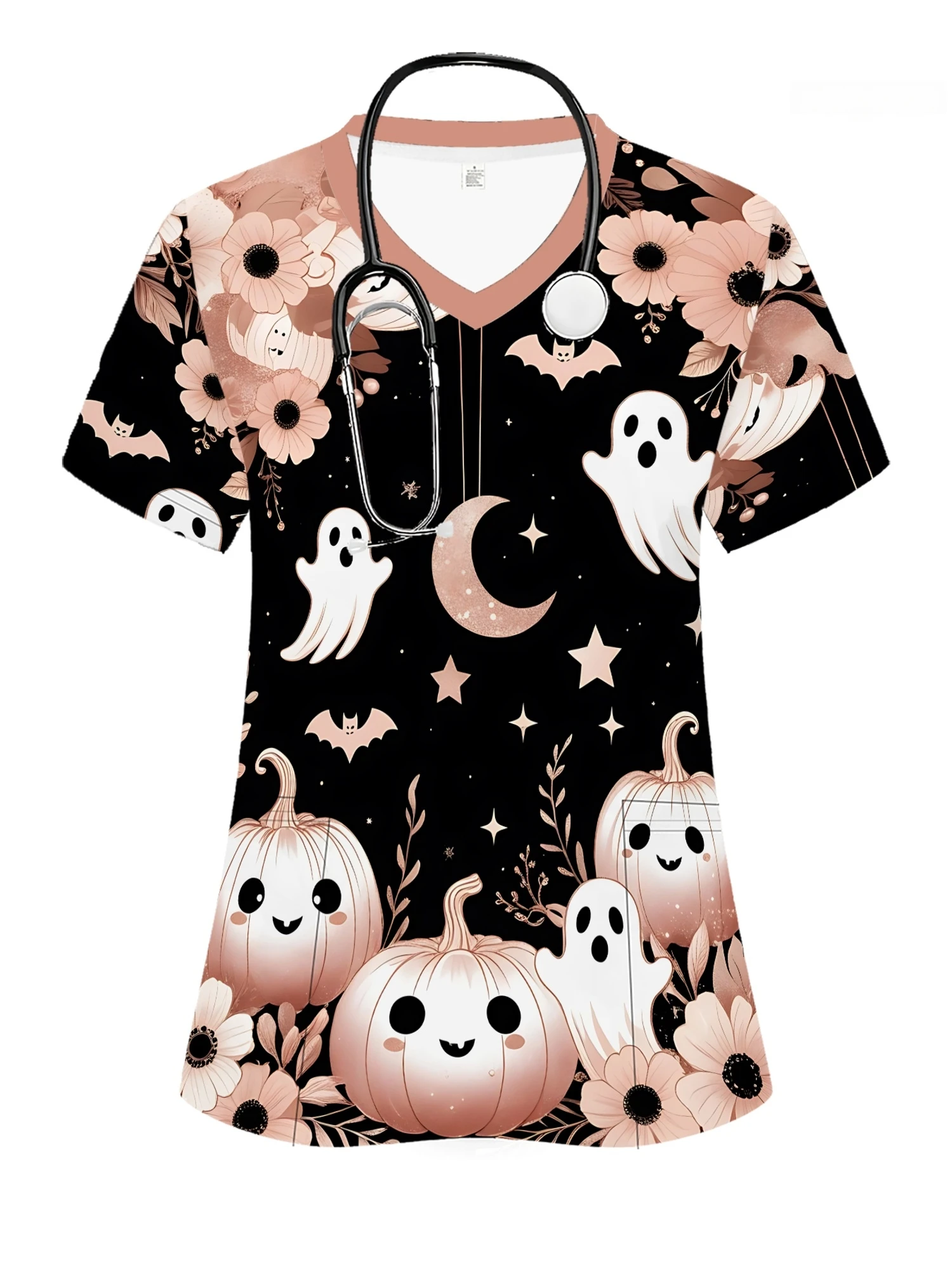 Surgical Uniforms Woman Halloween Cartoon Graphic Print Fashion with Pockets Short Sleeve Uniform Summer Women's Medical Uniform