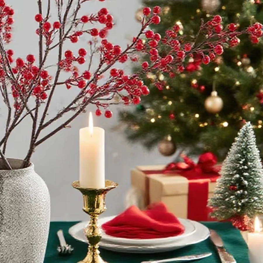 

Artificial Plants Holly Little Red Fruit Christmas Home Room Vase Table Garden Bouquet Festival Wedding Decor DIY Gift Box Props
