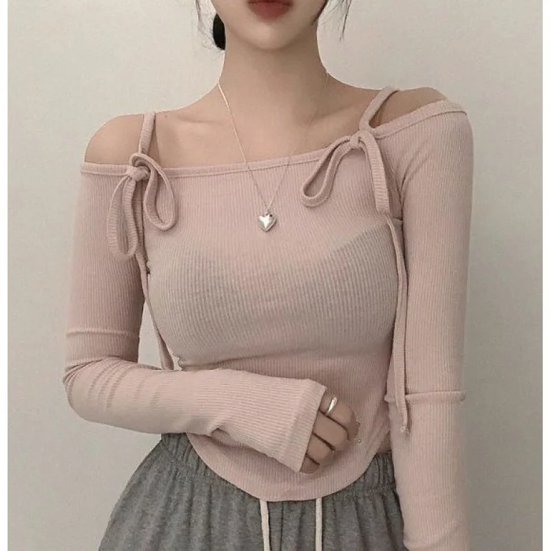 Autumn/winter Korean Version New Slash Collar Off Shoulder Long Sleeve Pullover Women Curved Cinching Waist Slim Top F365